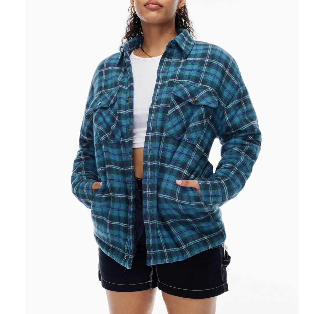 Tna Aritzia Prospect Shirt Jacket 1 XS Blue Sherpa Lined Plaid Flannel Shacket